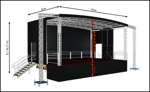 Mobile Trailerstage with arched roof and 60sqm