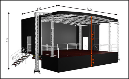 Mobile Trailerstage with arched roof and 80sqm