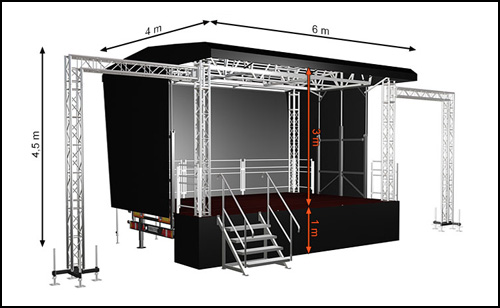 Mobile Trailerstage with flat roof and 24sqm