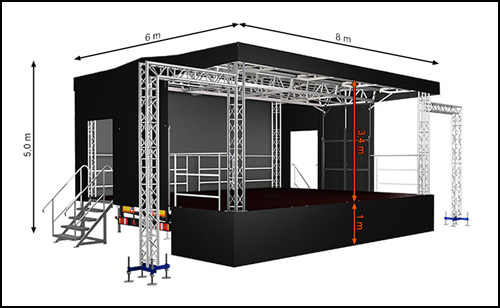 Mobile Trailerstage with flat roof and 48sqm