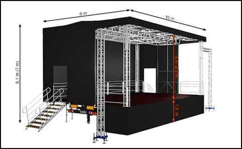 Mobile Trailerstage with flat roof and 60sqm